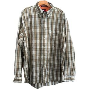 Vintage Tommy Hilfiger Green & Orange Plaid Shirt Men's Button Down XL Logo Read